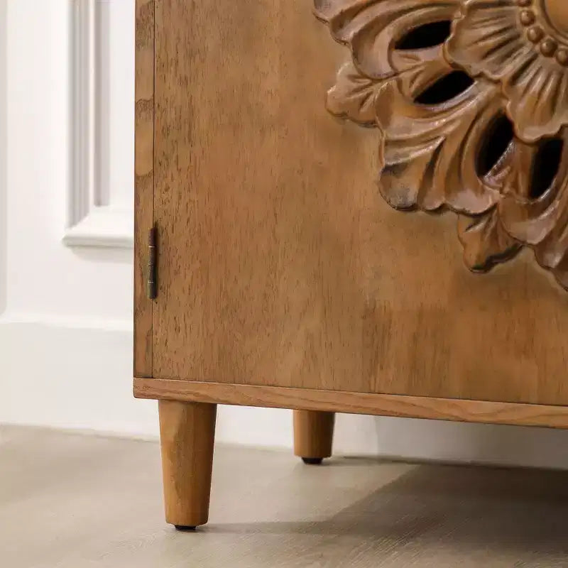 Okak Accent Storage Cabinet with Floral Hand-Carved and Wooden 2-Door, Entryway Cabinet for Living Room, Kitchen, Brown