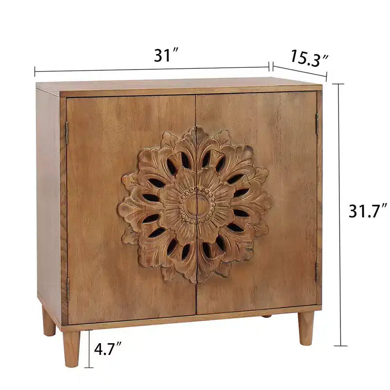 Okak Accent Storage Cabinet with Floral Hand-Carved and Wooden 2-Door, Entryway Cabinet for Living Room, Kitchen, Brown
