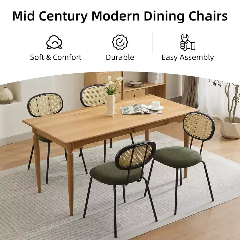 Dining Chairs Set of 2 - Mid-Century Modern Velvet Upholstered, Rattan Backrest, Sturdy Metal Legs, Perfect for Kitchen, Living Room, Reception