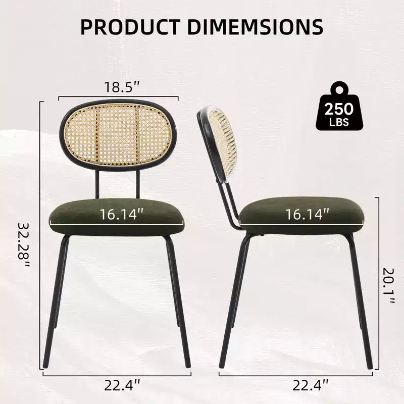 Dining Chairs Set of 2 - Mid-Century Modern Velvet Upholstered, Rattan Backrest, Sturdy Metal Legs, Perfect for Kitchen, Living Room, Reception