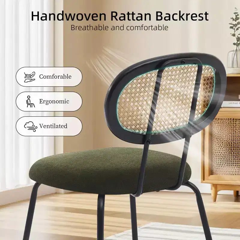 Dining Chairs Set of 2 - Mid-Century Modern Velvet Upholstered, Rattan Backrest, Sturdy Metal Legs, Perfect for Kitchen, Living Room, Reception