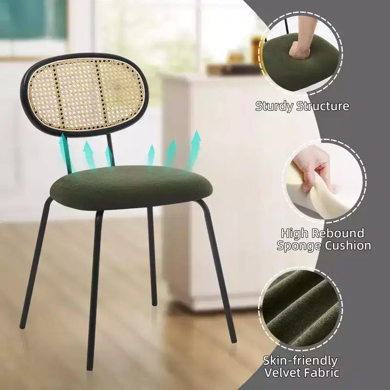 Dining Chairs Set of 2 - Mid-Century Modern Velvet Upholstered, Rattan Backrest, Sturdy Metal Legs, Perfect for Kitchen, Living Room, Reception