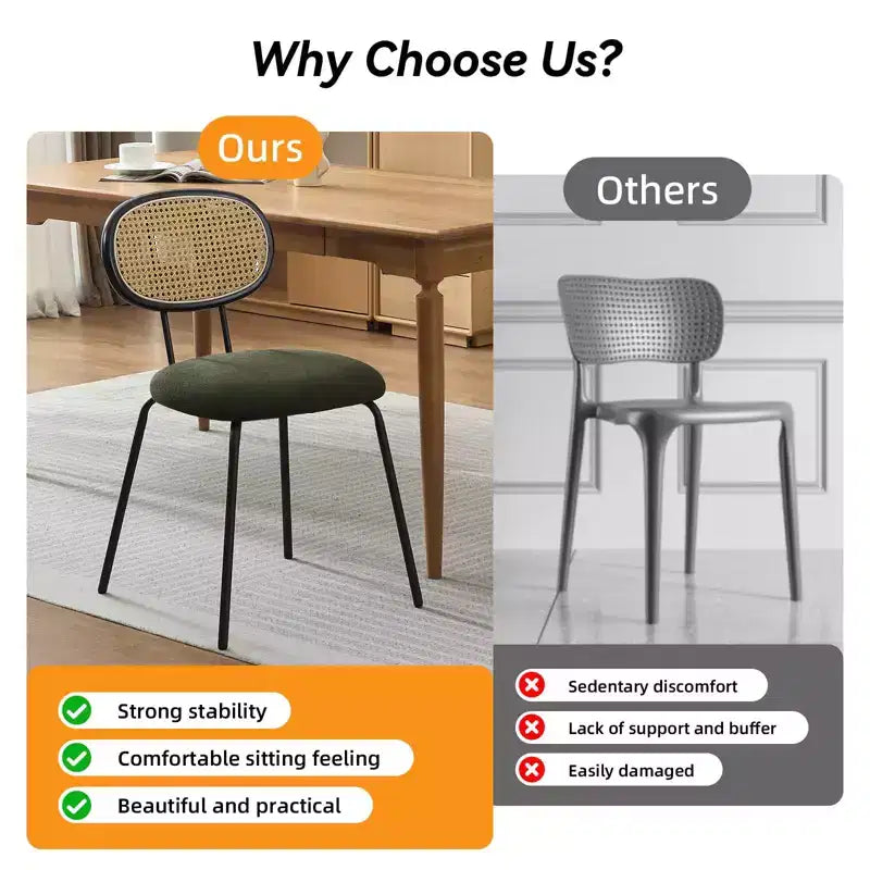 Dining Chairs Set of 2 - Mid-Century Modern Velvet Upholstered, Rattan Backrest, Sturdy Metal Legs, Perfect for Kitchen, Living Room, Reception