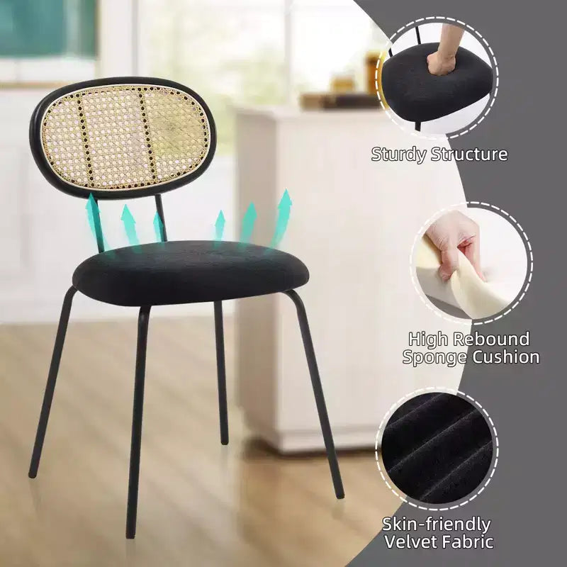 Dining Chairs Set of 2 - Mid-Century Modern Velvet Upholstered, Rattan Backrest, Sturdy Metal Legs, Perfect for Kitchen, Living Room, Reception