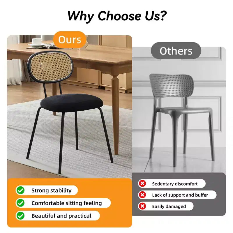 Dining Chairs Set of 2 - Mid-Century Modern Velvet Upholstered, Rattan Backrest, Sturdy Metal Legs, Perfect for Kitchen, Living Room, Reception