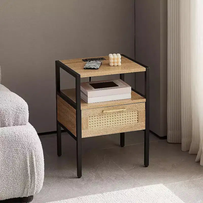 Acekool Rattan Nightstand with Charging Station, Drawer and Open Shelf, Compact Side Table for Bedroom and Living Room, Natural