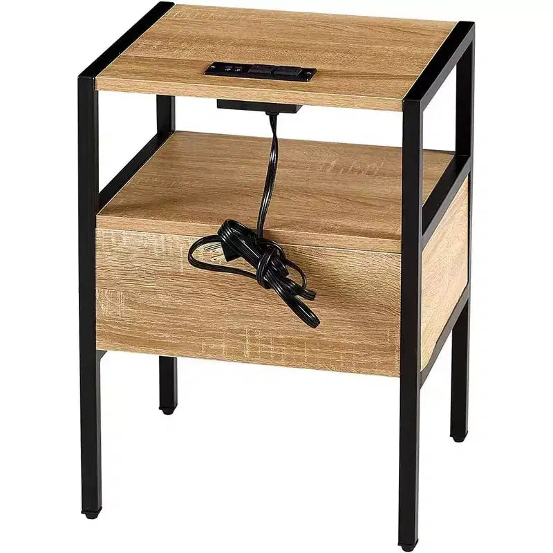 Acekool Rattan Nightstand with Charging Station, Drawer and Open Shelf, Compact Side Table for Bedroom and Living Room, Natural