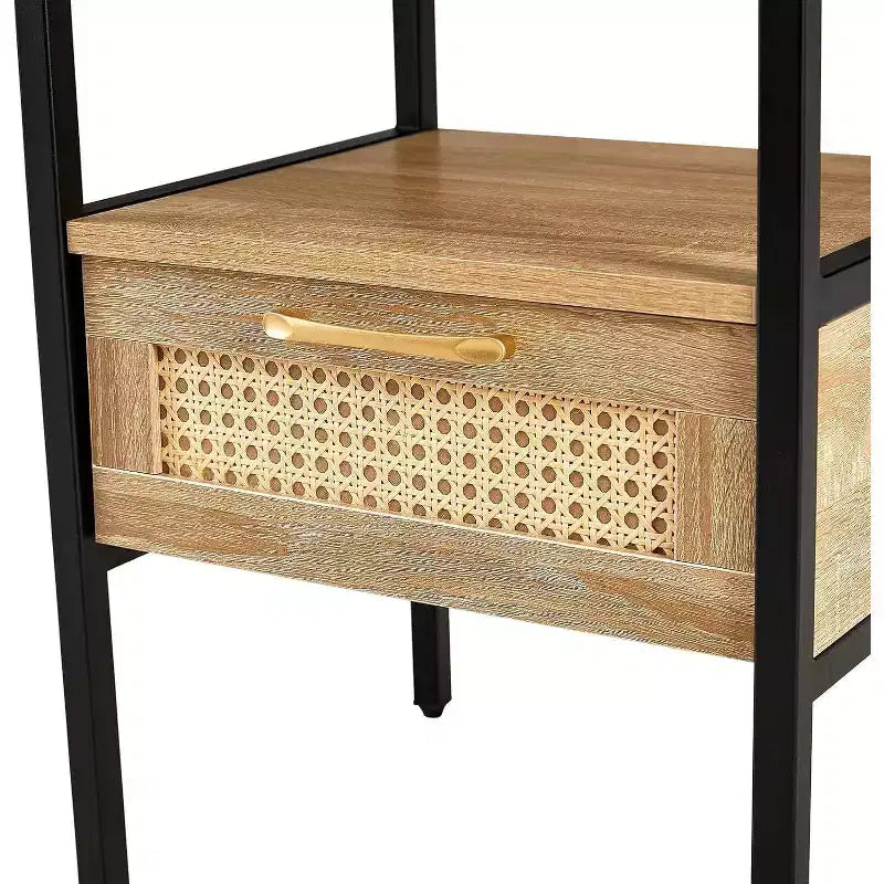 Acekool Rattan Nightstand with Charging Station, Drawer and Open Shelf, Compact Side Table for Bedroom and Living Room, Natural
