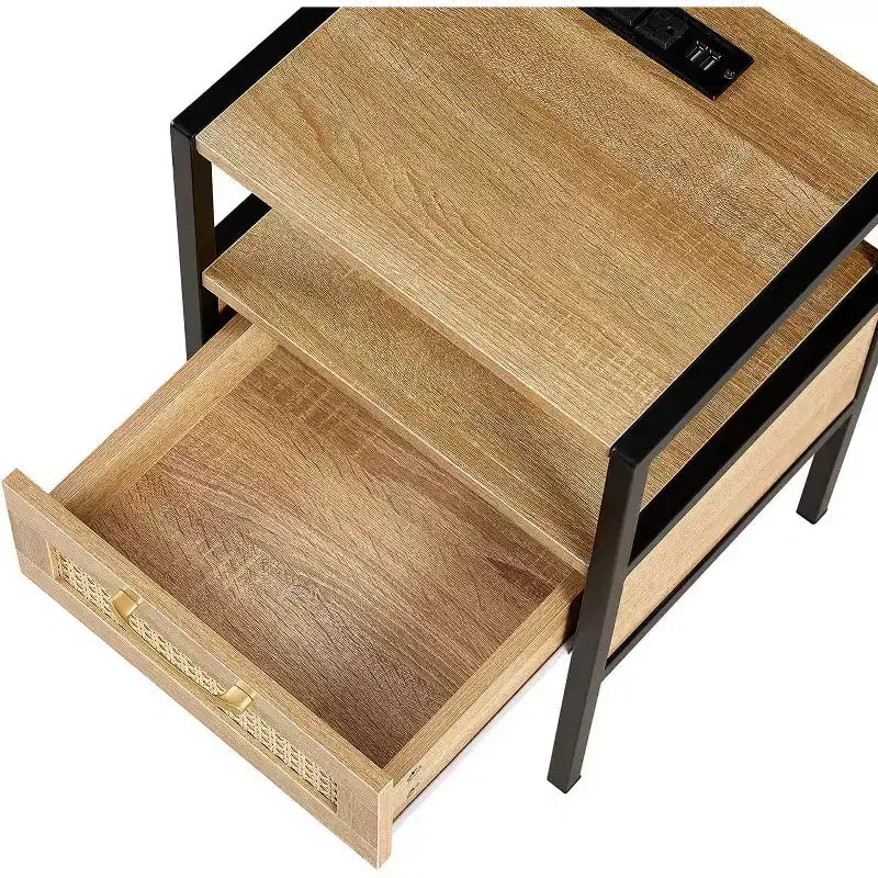 Acekool Rattan Nightstand with Charging Station, Drawer and Open Shelf, Compact Side Table for Bedroom and Living Room, Natural
