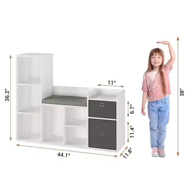 Kids BookshelfChildren Bookcase with Soft Cushion Seat  Childrens Toy Storage Cubby & Reading Nook, 44.1 Kids Storage Cabinet