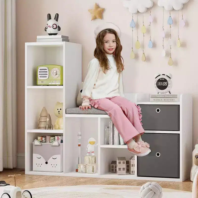 Kids BookshelfChildren Bookcase with Soft Cushion Seat  Childrens Toy Storage Cubby & Reading Nook, 44.1 Kids Storage Cabinet