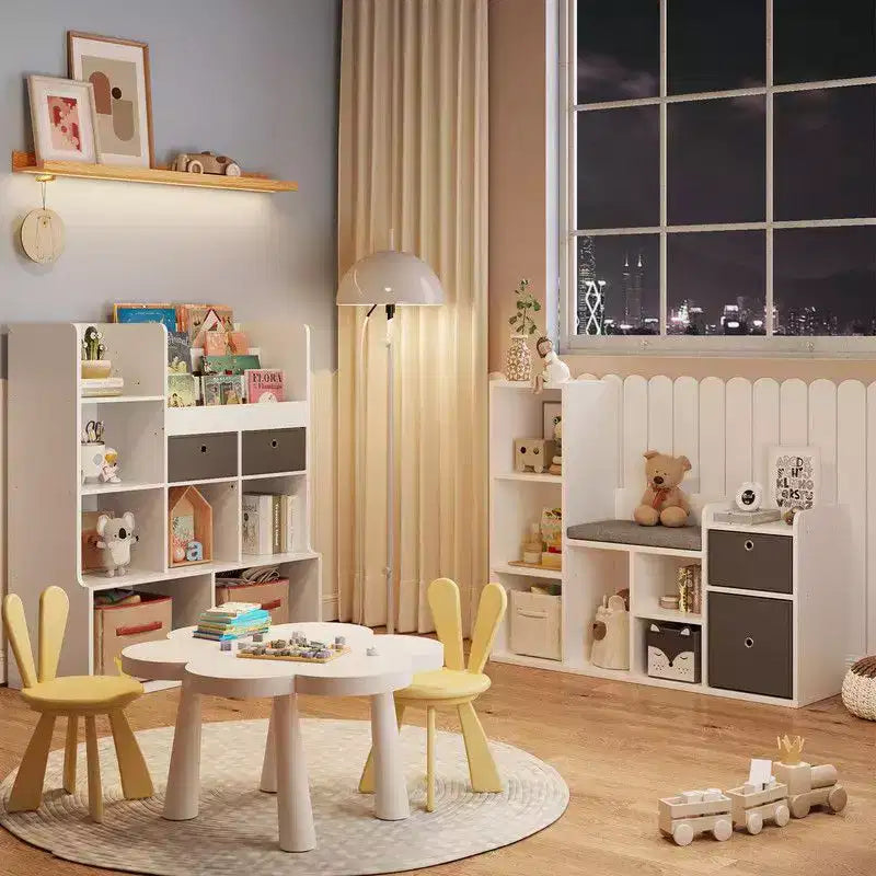 Kids BookshelfChildren Bookcase with Soft Cushion Seat  Childrens Toy Storage Cubby & Reading Nook, 44.1 Kids Storage Cabinet