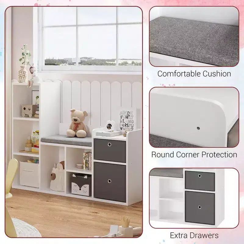 Kids BookshelfChildren Bookcase with Soft Cushion Seat  Childrens Toy Storage Cubby & Reading Nook, 44.1 Kids Storage Cabinet