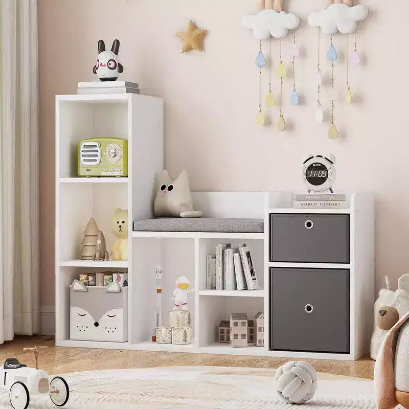 Kids BookshelfChildren Bookcase with Soft Cushion Seat  Childrens Toy Storage Cubby & Reading Nook, 44.1 Kids Storage Cabinet