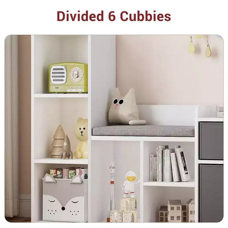Kids BookshelfChildren Bookcase with Soft Cushion Seat  Childrens Toy Storage Cubby & Reading Nook, 44.1 Kids Storage Cabinet