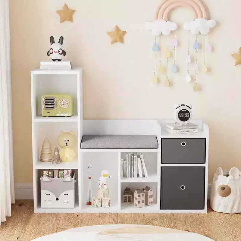 Kids BookshelfChildren Bookcase with Soft Cushion Seat  Childrens Toy Storage Cubby & Reading Nook, 44.1 Kids Storage Cabinet