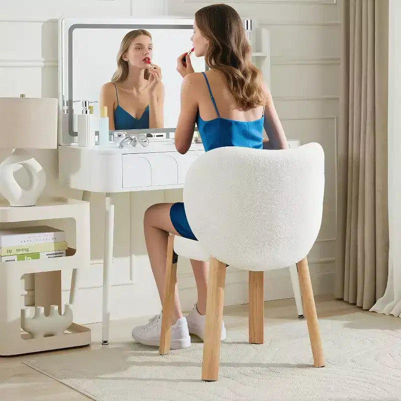 Cute Vanity Chair with Love Backrest, Modern Makeup Vanity Stool Teddy Fabric for Dressing Home Office Bedroom Dinning Room and Living Room