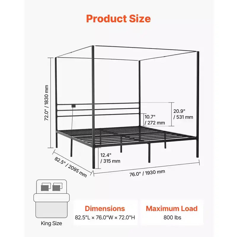 VEVOR King Size Canopy Bed Frame, Metal Canopy Bed with Charging Station and Four Posters Design, Heavy Duty Steel Slats Support, Black