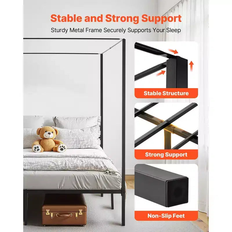 VEVOR King Size Canopy Bed Frame, Metal Canopy Bed with Charging Station and Four Posters Design, Heavy Duty Steel Slats Support, Black