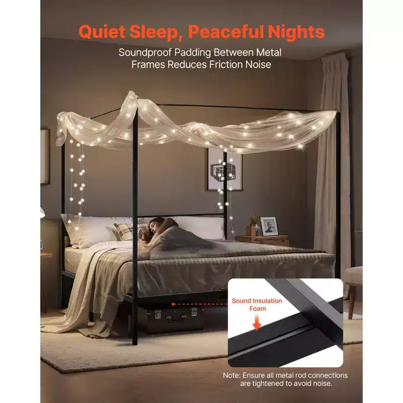 VEVOR King Size Canopy Bed Frame, Metal Canopy Bed with Charging Station and Four Posters Design, Heavy Duty Steel Slats Support, Black