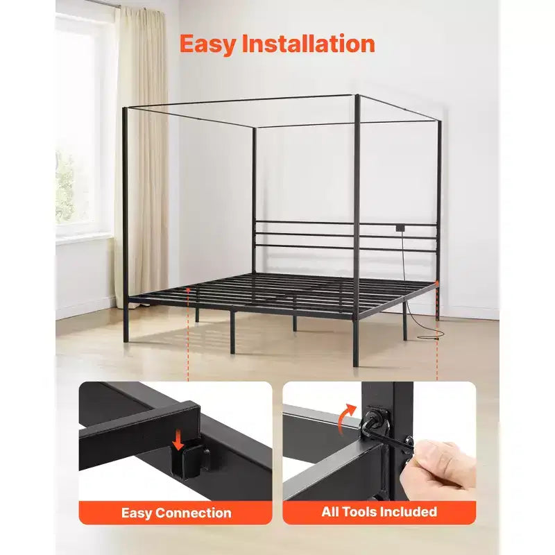 VEVOR King Size Canopy Bed Frame, Metal Canopy Bed with Charging Station and Four Posters Design, Heavy Duty Steel Slats Support, Black