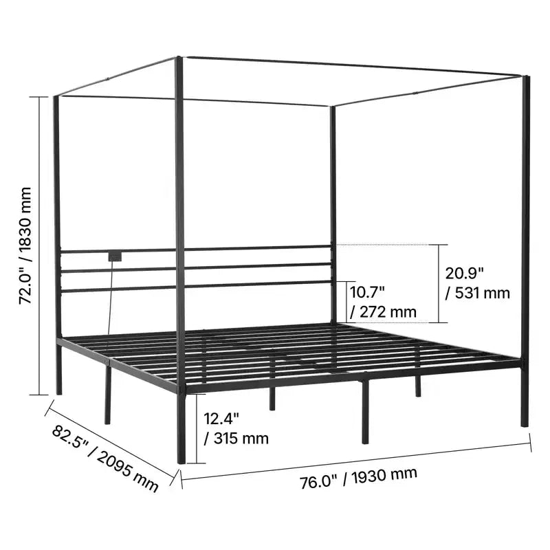 VEVOR King Size Canopy Bed Frame, Metal Canopy Bed with Charging Station and Four Posters Design, Heavy Duty Steel Slats Support, Black