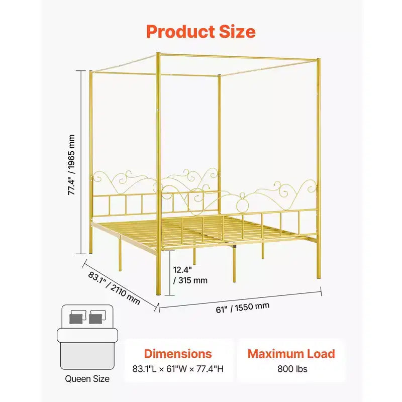VEVOR Queen Size Canopy Bed Frame, Metal Canopy Bed with Minimalist Headboard & Four Posters Design, Heavy Duty Steel Slats Support, Gold