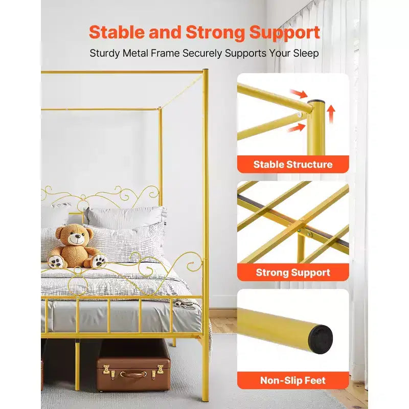 VEVOR Queen Size Canopy Bed Frame, Metal Canopy Bed with Minimalist Headboard & Four Posters Design, Heavy Duty Steel Slats Support, Gold