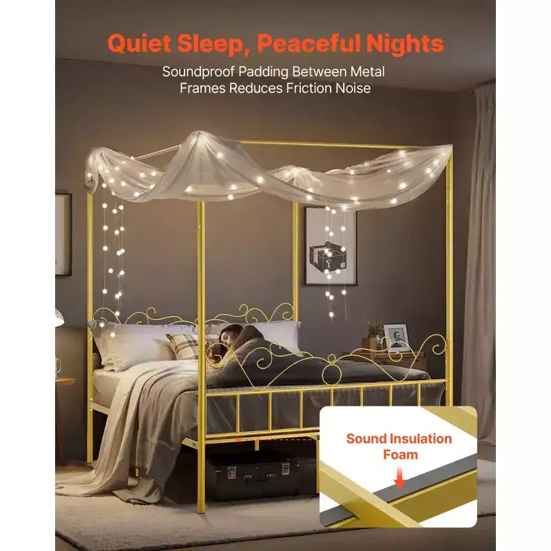 VEVOR Queen Size Canopy Bed Frame, Metal Canopy Bed with Minimalist Headboard & Four Posters Design, Heavy Duty Steel Slats Support, Gold