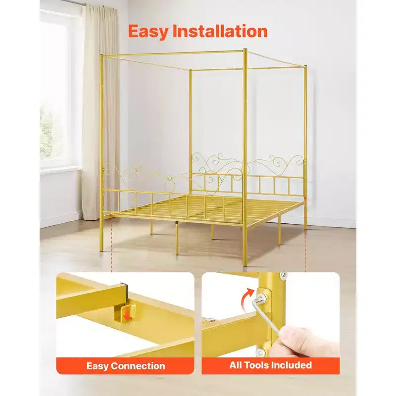 VEVOR Queen Size Canopy Bed Frame, Metal Canopy Bed with Minimalist Headboard & Four Posters Design, Heavy Duty Steel Slats Support, Gold