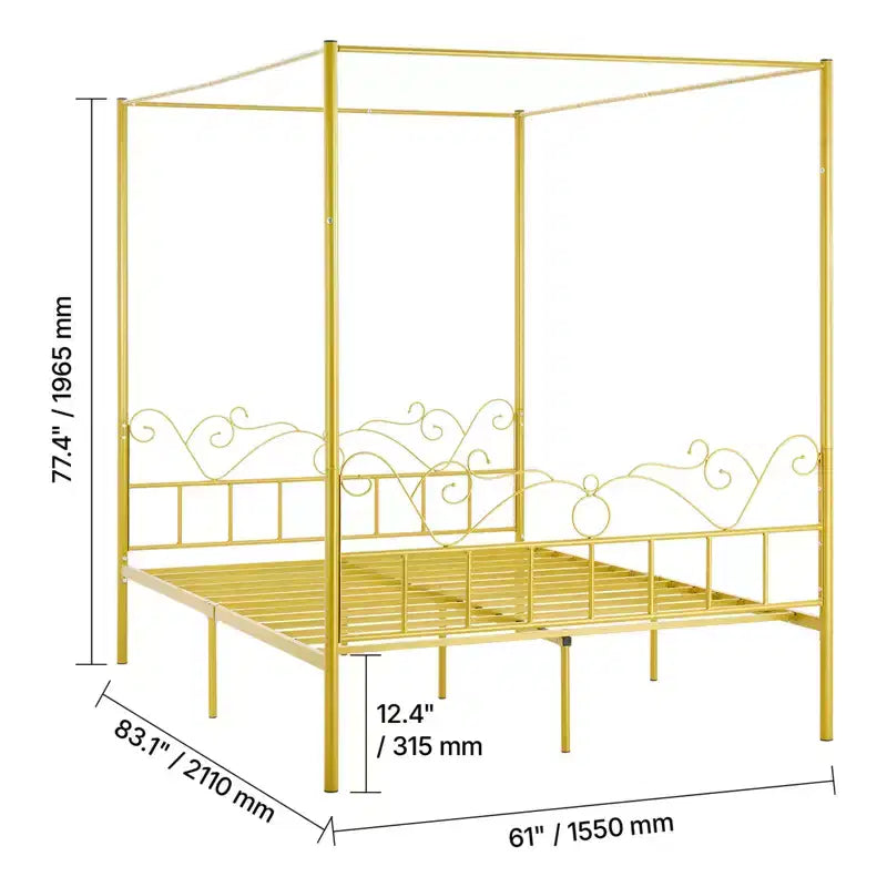 VEVOR Queen Size Canopy Bed Frame, Metal Canopy Bed with Minimalist Headboard & Four Posters Design, Heavy Duty Steel Slats Support, Gold