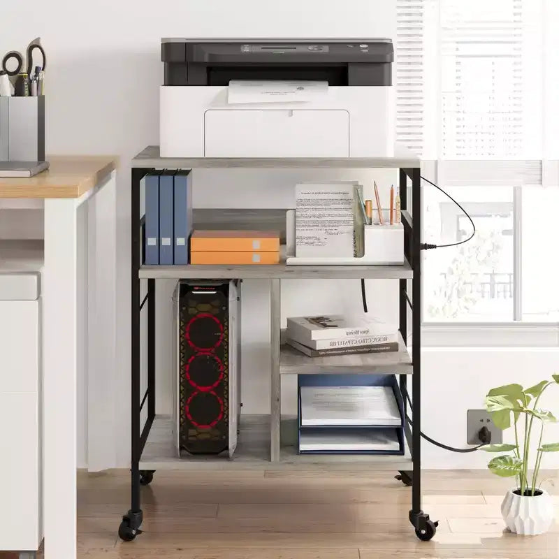 Printer Stand, 4-Tier Mobile Printer Cart with 2 Outlets & 2 USB Ports - Rolling Industrial Stand (Home Office/Scanner/Fax)