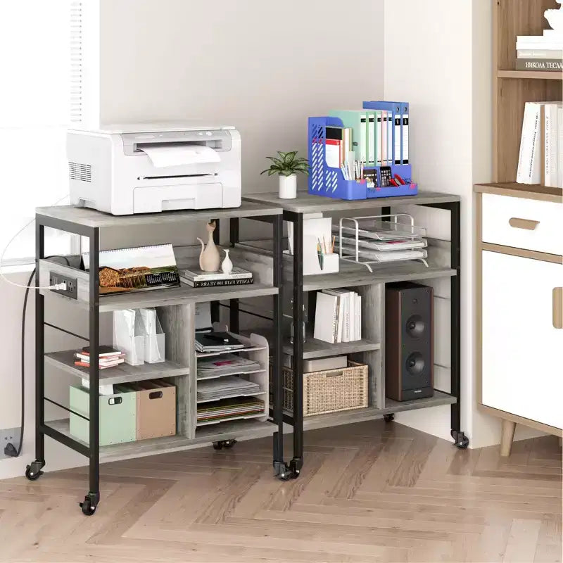 Printer Stand, 4-Tier Mobile Printer Cart with 2 Outlets & 2 USB Ports - Rolling Industrial Stand (Home Office/Scanner/Fax)
