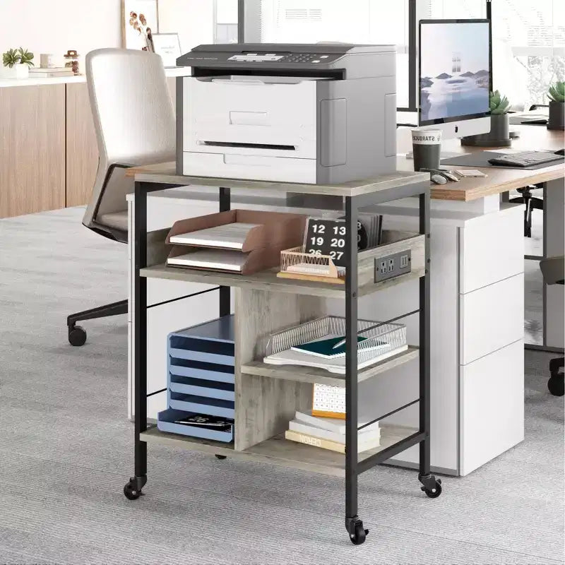 Printer Stand, 4-Tier Mobile Printer Cart with 2 Outlets & 2 USB Ports - Rolling Industrial Stand (Home Office/Scanner/Fax)