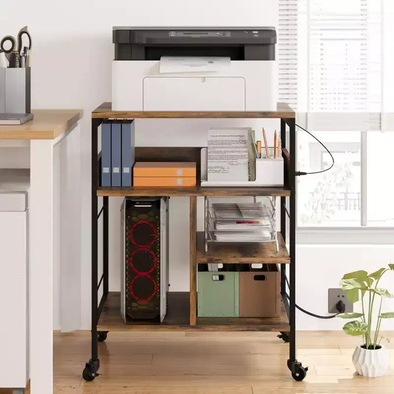 Printer Stand, 4-Tier Mobile Printer Cart with 2 Outlets & 2 USB Ports - Rolling Industrial Stand (Home Office/Scanner/Fax)