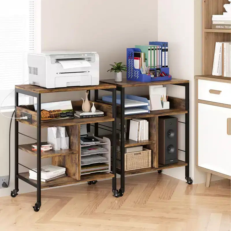 Printer Stand, 4-Tier Mobile Printer Cart with 2 Outlets & 2 USB Ports - Rolling Industrial Stand (Home Office/Scanner/Fax)