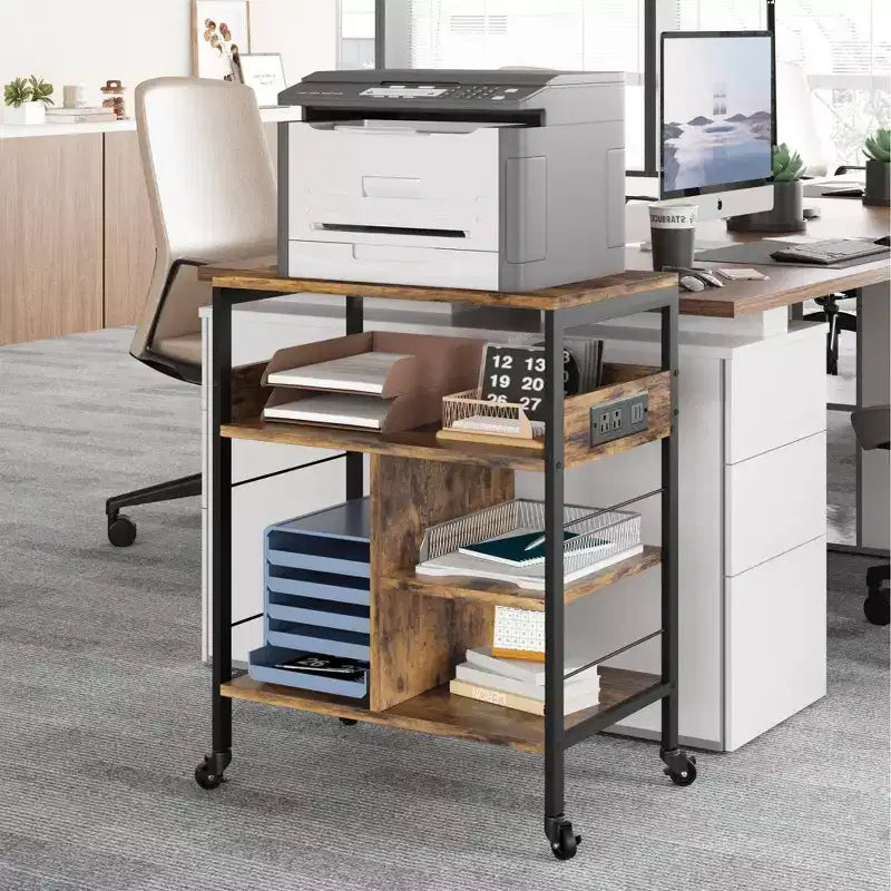 Printer Stand, 4-Tier Mobile Printer Cart with 2 Outlets & 2 USB Ports - Rolling Industrial Stand (Home Office/Scanner/Fax)