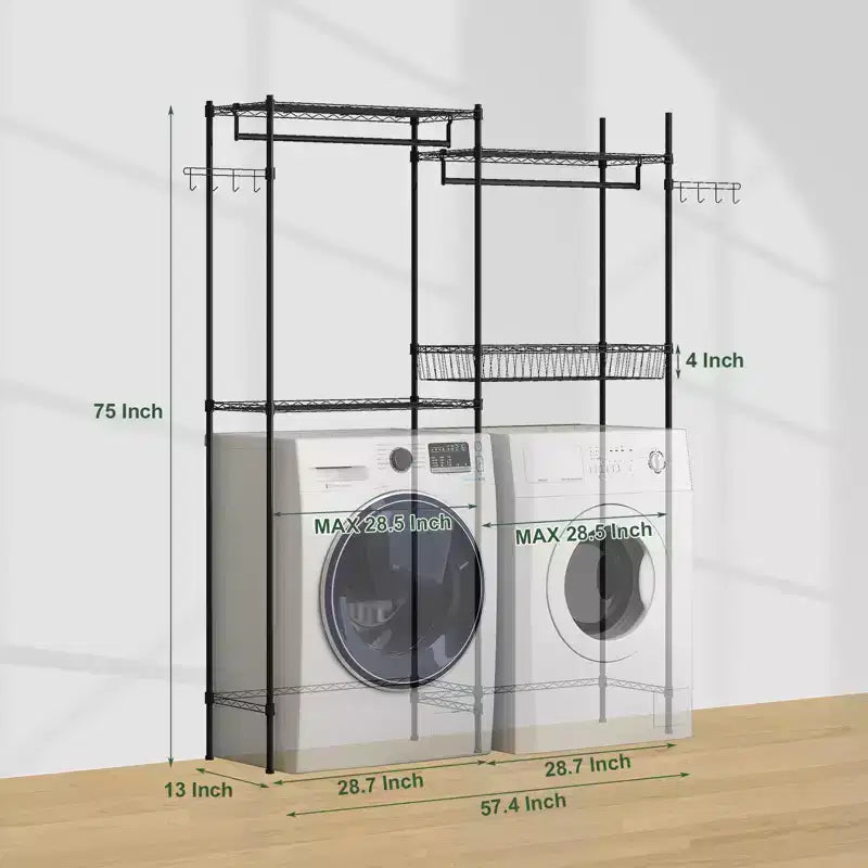 57.4 Over Washer and Dryer Laundry Shelf with Adjustable Towel Racks, Hamper & Hooks, Space-Saving Organization for Laundry Room