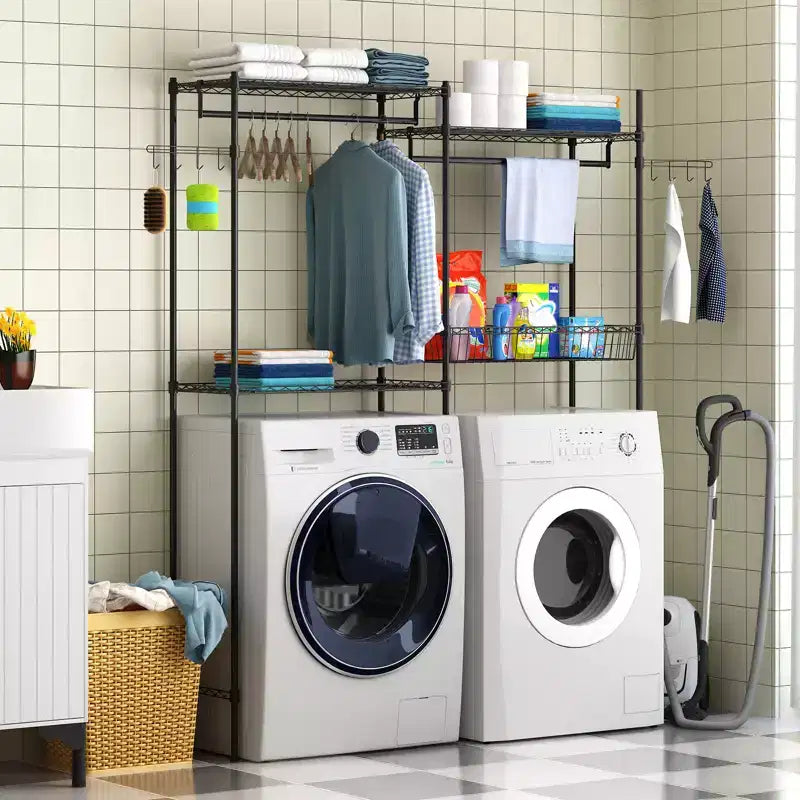57.4 Over Washer and Dryer Laundry Shelf with Adjustable Towel Racks, Hamper & Hooks, Space-Saving Organization for Laundry Room