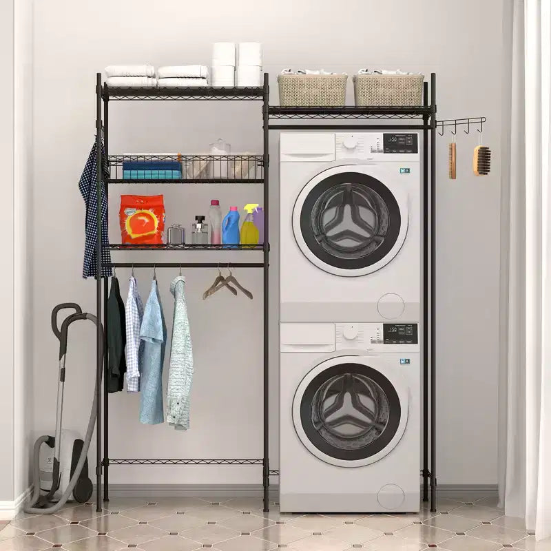 57.4 Over Washer and Dryer Laundry Shelf with Adjustable Towel Racks, Hamper & Hooks, Space-Saving Organization for Laundry Room