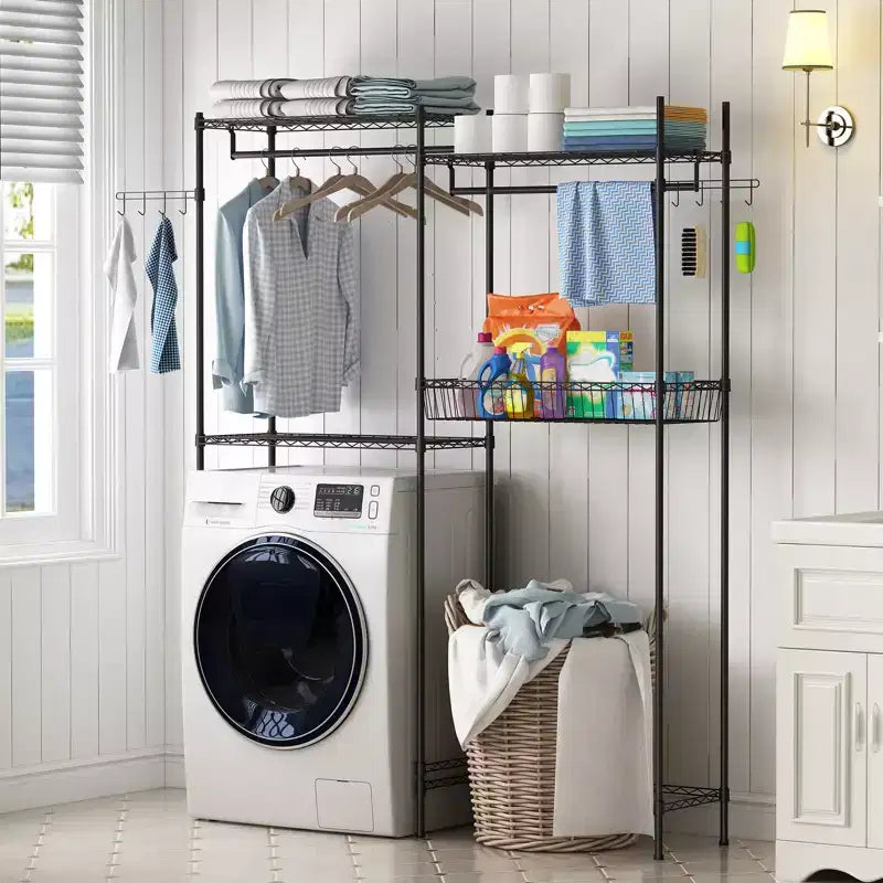 57.4 Over Washer and Dryer Laundry Shelf with Adjustable Towel Racks, Hamper & Hooks, Space-Saving Organization for Laundry Room