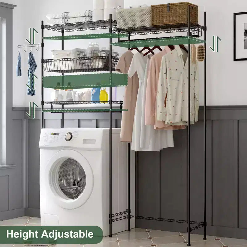 57.4 Over Washer and Dryer Laundry Shelf with Adjustable Towel Racks, Hamper & Hooks, Space-Saving Organization for Laundry Room