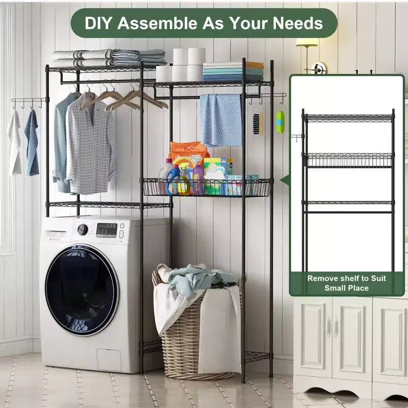 57.4 Over Washer and Dryer Laundry Shelf with Adjustable Towel Racks, Hamper & Hooks, Space-Saving Organization for Laundry Room