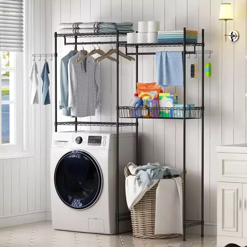 57.4 Over Washer and Dryer Laundry Shelf with Adjustable Towel Racks, Hamper & Hooks, Space-Saving Organization for Laundry Room