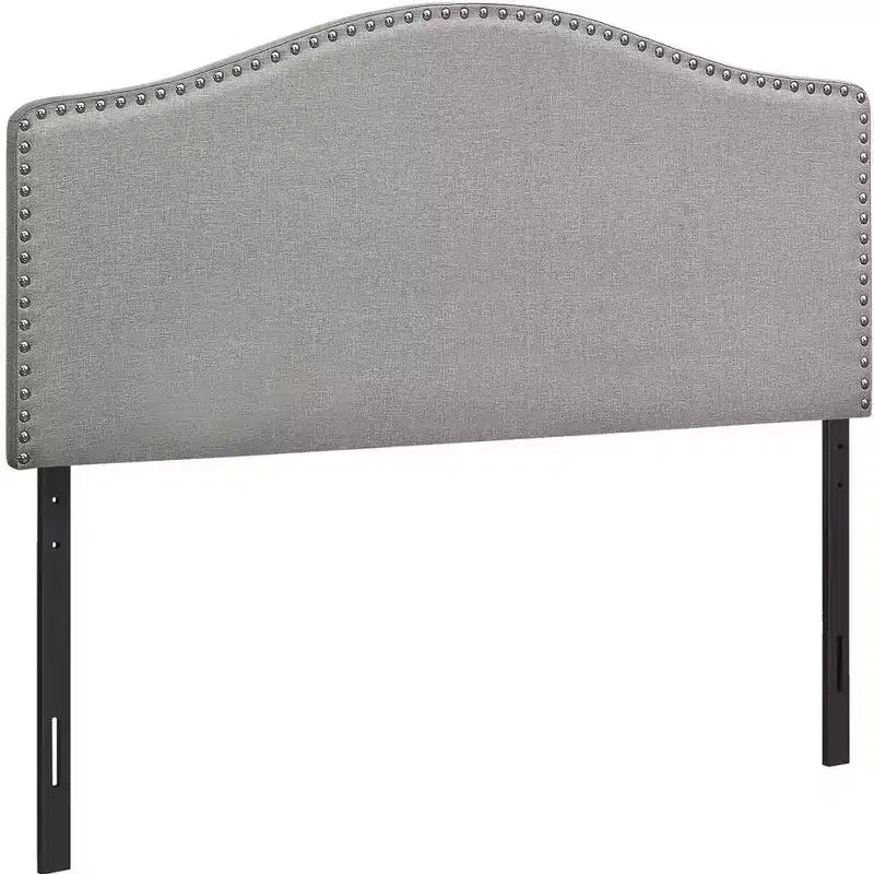 HomeRoots Gray Linen Blend Upholstered Arched Full Headboard With Nail Head Trim