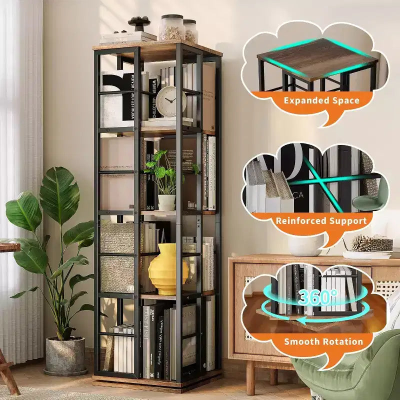 Acekool 4-Tier Metal Rotating Bookshelf, 360 Ball Bearing Storage Rack, Corner Organizer, Industrial