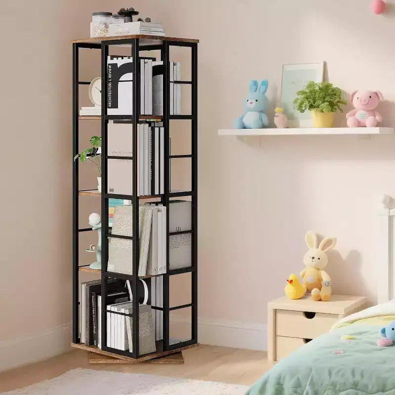 Acekool 4-Tier Metal Rotating Bookshelf, 360 Ball Bearing Storage Rack, Corner Organizer, Industrial