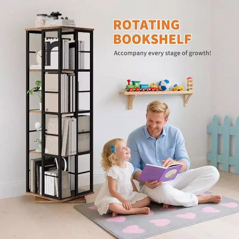 Acekool 4-Tier Metal Rotating Bookshelf, 360 Ball Bearing Storage Rack, Corner Organizer, Industrial