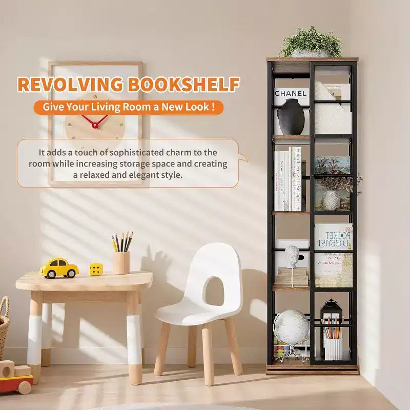 Acekool 4-Tier Metal Rotating Bookshelf, 360 Ball Bearing Storage Rack, Corner Organizer, Industrial