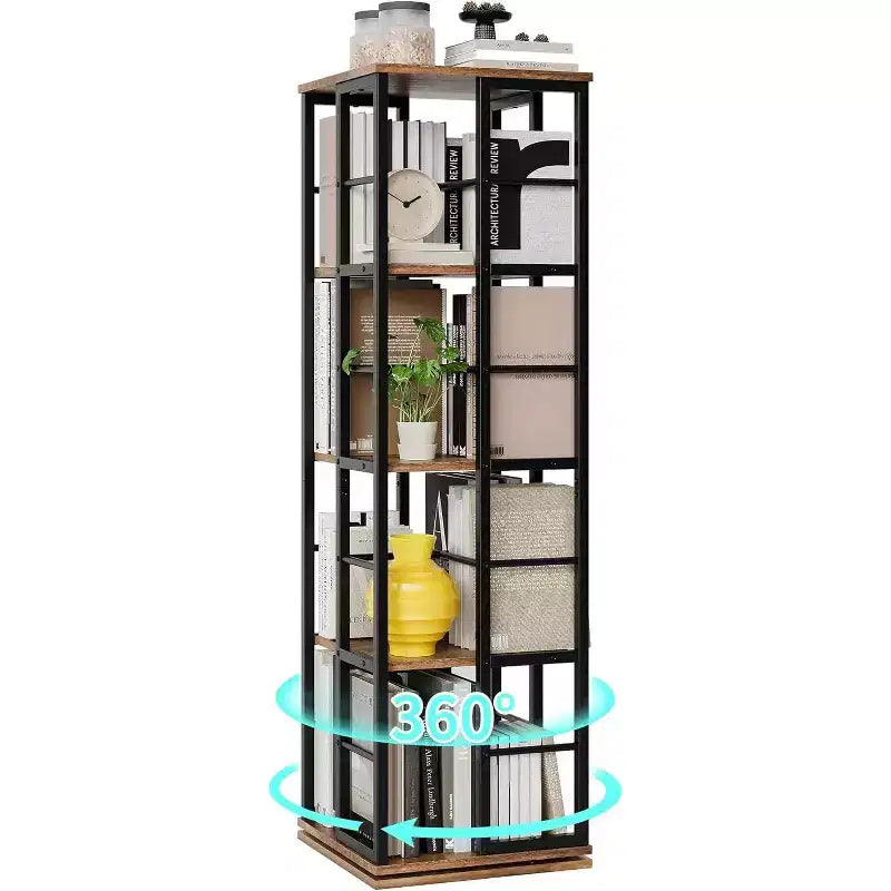 Acekool 4-Tier Metal Rotating Bookshelf, 360 Ball Bearing Storage Rack, Corner Organizer, Industrial